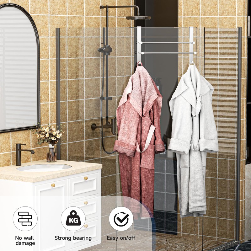 Frameless Glass Door Shower Towel Rack, Double Bar, 8 Hooks,