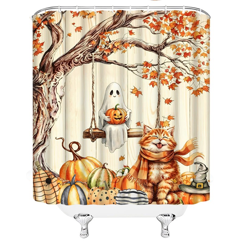 AEMBEE Fall Halloween Shower Curtain Cute Cat with Ghost Thanksging