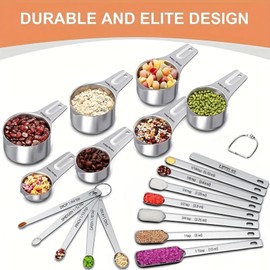 Stainless Steel Measuring Cups & Spoons Set of 20 - Includes 7 Nesting Measuring Cups, 7 Narrow Measuring Spoons, 1 Leveler and 5 Mini Spoons, Engraved Markings for Dry & Liquid Ingredients