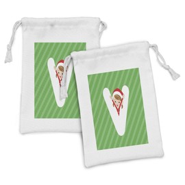 Ambesonne Christmas Alphabet Fabric Pouch Set of 2, Demonstration of Letter V and a Silhouette with Hands Up, Small Drawstring Bag for Toiletries Masks and Favors, 9" x 6", Green Dark Coral and White