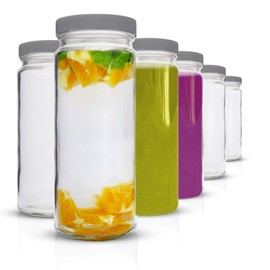 Glass Water Bottles Set - 6 Pack Wide Mouth with Lids for Juice, Smoothies, Beverage Storage - 16 oz, Durable, Reusable, Dishwasher Safe, Leak Proof, Grey Caps