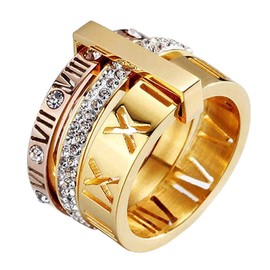 SINLEO Stainless Steel CZ Zirconia Roman Numeral Ring for Women 3 in 1 Trinity Wedding Band Rings, Metal, Cubic Zirconia