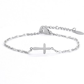 HMOOY 14K Gold Plated Cross Beaded Bracelet for Women, Stainless Steel Adjustable Religious Christian Bracelet Faith Confirmation Jewelry Easter Party Birthday Gifts for Women (White, Silver Plated)