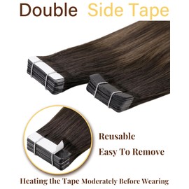 Hetto Tape-In Extensions Real Hair Balayage Brown Hair Extensions Tape Real Hair Silky Tape in Extensions Real Hair Straight Tape Extensions Real Hair Remy Darkest Brown to Ash Brown #2/8/2 45 cm 50 g