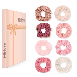 Mirlern 8-Piece Velvet Satin Scrunchies for Women Girls, Cute Hair Ties for Women’s Long Thick Thin Hair No Damage Bulk Hair Rubber Bands Accessories (Pink Theme)