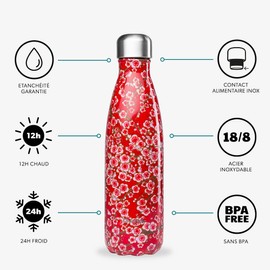 Qwetch - Insulated Originals Bottle - Flowers red 260ml - Stainless Steel Bottle - 24h Cold and 12h Hot - Waterproof, BPA Free & Reusable