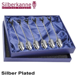 SILBERKANNE Coffee Spoon Teaspoon Deer L 13 cm Set of 6 Premium Silver Plated Elegant Silver-Plated in Top Workmanship Ready to Give as a Gift with Stylish Gift Packaging