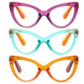 MMOWW Cat Eye Reading Glasses for Women Fashion Cute Blue Light Blocking Readers 3 Pack, Purple Orange/Green Orange/Orange Brown +1.0