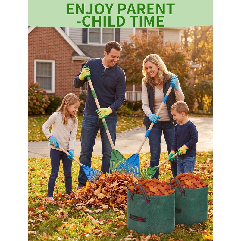 2 Pack Kids Adjustable Leaf Rake(25" to34) with 2 Pairs