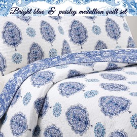 Cozy Line Home Fashions Emerson Paisley Kaleidoscope Medallion 3-Piece Navy Blue Cotton Reversible Queen Quilt Bedding Set