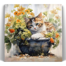 Floral Canvas Wall Art, Adorable Cat in the Flower Pot Pictures Print Framed Art, Vintage Rabbit Springtime Animals Oil Painting Wall Artwork for Living Room Farmhouse Dorm 16x16inch