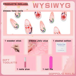 QQPPOLIU Press on Nails,Xmas Press on Nails Almond Nails Medium Length False Nails with Christmas Pattern Design Fake Nails (Blush)