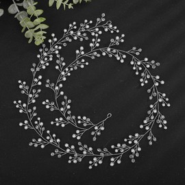 Teyglen Crystal Bride Wedding Hair Vine Bridal Long Pearl Headband Crystal Pearl Beads Long Hair Vine Gold Silver Wedding Head Piece Wedding Hair Accessories for Women Girls (Silver)