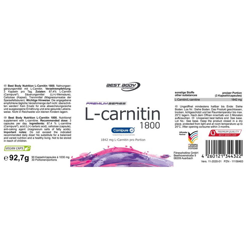 Best Body Nutrition L-Carnitin 1800 Kapseln Carnipure Vegan, 1er Pack