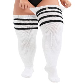 Zando Plus Size Thigh High Stockings Thick Thigh High Socks for Women Non Slip Long Socks Womens Striped Knit Leg Warmers Over the Knee High Socks Thigh Highs Plus Size White three poles One Size