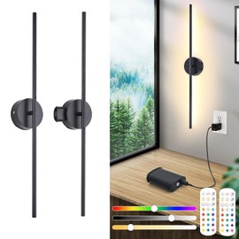 Wireless Wall Sconces Set Of 2 With Remote Control ＆ Touch Switch, 8000mah Detachable Battery Operated Wall Lights, USB Rechargeable Indoor Wall Decor Wall Lamp, LED 15 RGB Colors, Timer, Black, 32IN