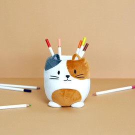 balvi Pencil Holder Fluffy Kitty Calico Colours White, Brown and Grey Fluffy Soft Calico Cat Kuns