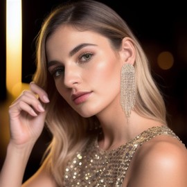 Flyonce Women Wedding Bridal Long Tassel Earrings, Sparkly Rhinestone Crystal Fringe Chain Chandelier Dangle Drop Earrings Gold-Tone