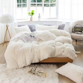 Sacebeleu White Duvet Cover Set Super King Size Plush Faux Fur Fluffy Warm Winter Bedding Set,Fleece Quilt Cover 230x260cm with Zipper Closure and 2 Pillowcasaes