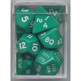 Valiant Games RPG Opaque Green Dice Cube 9pc D20, D12, D10, D8, D6, D4, Compass, Hit loc.