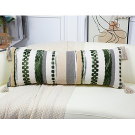 PANOD Boho Long Lumbar Throw Pillow Cover 14 x 36 Dark Green, Chenille Morocan Extra Long Pillow Case Cover, Decorative Long Pillow for Bed Couch Sofa Farmhouse
