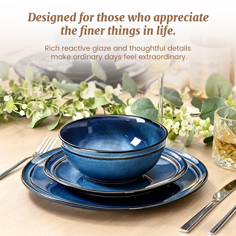 Feastly Plates and Bowls Sets 12 Pieces, Blue Reactive Glaze
