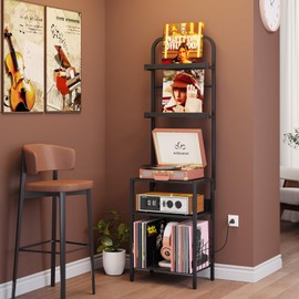 Homsorout Record Player Stand with Vinyl Storage - 5-Tier Turntable Table with Power Outlet, Adjustable Feet, Metal & Wood Cabinet - Console Organizer Display Shelf for Living Room, Apartment