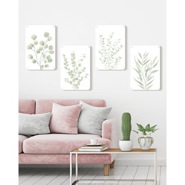Drsoum Botanical Plant Wall Metal Signs Art Boho Wall Decor for Bathroom Sage Green Eucalyptus Leaf Prints Minimalist Aesthetic Ready to Hang Set of 4, 12x8 in