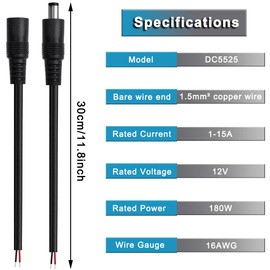 Xiatiaosann DC Power Cable 5.5x2.5 16AWG Hollow Male Female DC5525 30cm Power Cable 1.5mm² Copper Wire Open End Guitar Pedal
