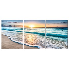 Pyradecor 3 Piece Canvas Prints Wall Art Paintings for Living Room Home Office Decorations - Blue Beach Sunrise White Wave Modern Gallery Wrapped Seascape Seaview Pictures Artwork Ready to Hangork Ready to Hang