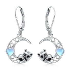 Dorunmo Panda Earrings Moon Earrings Moonstone Earrings Sterling Silver Leverback Earrings Animal Earrings Bear Earrings Birthday Christmas Anniversary Panda Jewelry Gifts for Mom Women Wife