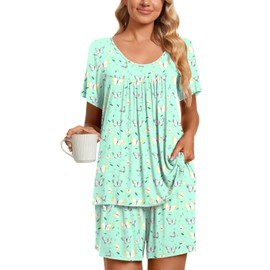 TAOHUADAO Womens Summer 2 Piece Pajama Sets, Short Sleeve Pleated Tunic Tops with Comfy Shorts, Lounge Sleepwear Ladies Pjs Sets with Pockets 2XL, Butterfly-Green