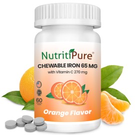 NutritiPure Chewable Iron 65 mg with Vitamin C 270 mg (for Women/Men) |60 Days Supply | No Sugar- Zesty Orange Flavor Supplement 60 Count