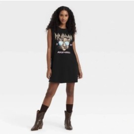 Def Leppard Women's Sz L Black Sleeveless "Rock & Roll" Graphic Tank Shirt Dress