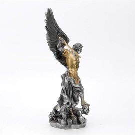 14 1/2 inch pewter and gold Archangel Saint Michael tramples Demon statue sculpture