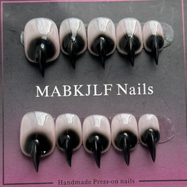 Luxury Press on Nails Short Stiletto Handmade Cat Claw Unique Reusable ABS Material Black Fake Nails Eagle Claw False Nails with Gradient Designs Glossy Glue on Nail Curved Thick Acrylic Nail(S)