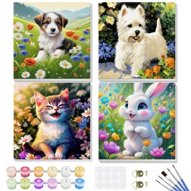 GHHKUD Paint by Numbers Kits for Kids Children & Adults, 4 Pack Painting by Numbers on Canvas Beginners, Kids Painting by Numbers with Wooden Frame, Cartoon Animals Acrylic Children Painting 8x8inch