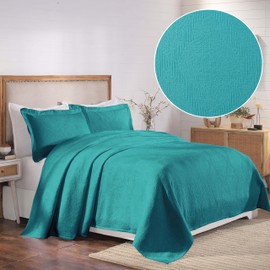 Superior Cotton 3-Piece Bedspread Set, Home Bed Decor, Warm Bedding, 1 Oversized Bedspread, 2 Pillow Shams, Medium Weight Blanket, Medallion Scroll, Matelasse Woven, Victory Collection, Queen, Teal