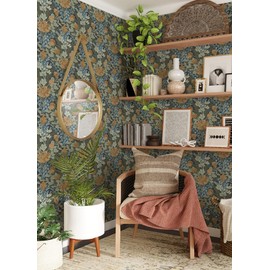 By Dylan M Dark Multi Moody June Blooms Peel and Stick Wallpaper, Blue