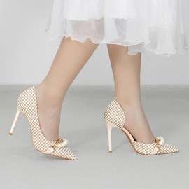 qibusleen Women's Elegant Pearl Closed Toe Stiletto Heels, Bridal Dressy Pointed Toe Pumps Shoes with Cute Metal Chain & Plaid Fabric, Wedding Party Prom High Heels for Women, beige, 38 EU