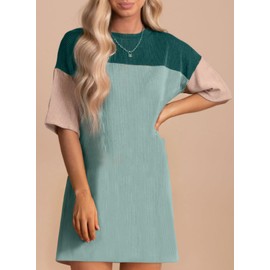 Acelitt Women's Casual Summer Dresses 2024 Fashion Color Block Crewneck Short Sleeve Loose Soft Vacation Beach Ribbed Shift Tshirts Dress Green Small
