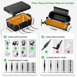RESTMO IP54 Extra Large Outdoor Box w/ 6 Cable Seal Entry, Bundle w/ 4 Small Weatherproof Extension Cord Safety Cover, Protect Power Strip, Timer Outlet Plug, Christmas Decoration, Black.