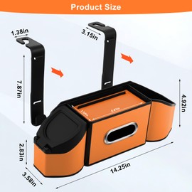 7-in-1 Car Seat Back Organizer with 3.74” Cup Holders, Tissue Box, Garbage Can & Hooks, Multifunctional Car Seat Back Storage Box, Extra Headrest Cup Holder for Backseat (Orange)