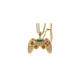 Fun Crystal Game Controller Pendant Necklace for Men - Punk Hip Hop Style Friendship Necklace for Best Friends - Chunky Wide Gamer Necklace for Game Lovers- Unique Christmas Birthday Gifts for Son Grandson (Gold)