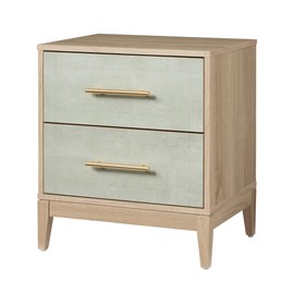 Sango Shagreen 2-Drawer Nightstand, Modern Natural Wood Bedside Table with Gray Faux Shagreen Drawer Fronts, Brass Handles, Sturdy Legs, Elegant Storage for Contemporary & Luxury Homes