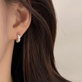Cute Leaves Hoop Earrings for Women 925 Sterling Silver Post Clasp Tiny Small Leaf Cartilage Huggie Hoops Earring Dainty Bridal Wedding Holiday Jewelry 6mm, Metal, No Gemstone