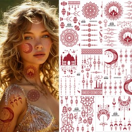 mdgfge 8 Sheets New Red Moon Star Temporary Tattoos Kit Waterproof Lace Fake Tattoo Stickers for Women Wedding Cosplay Festival Party Supplies