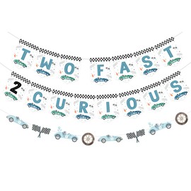 Sursurprise Two Fast Two Curious Birthday Decorations for Boy, Two Fast 2 Curious Banner Race Car Banner Vintage Blue Racing Car 2nd Birthday Party Supplies