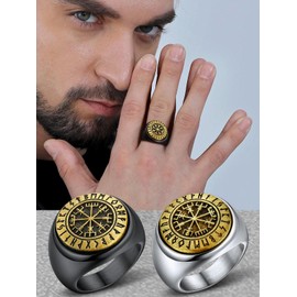 Vegvisir Runes Compass Signet Ring for Male Stainless Steel Spinner Fidget Rings Guardian Amulet Jewelry Size 7