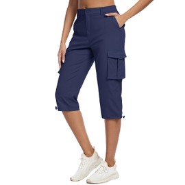 MAGCOMSEN Womens Capri Pants Lightweight Golf Capris with Pockets Ladies Summer Travel Knee Length Shorts Navy, L